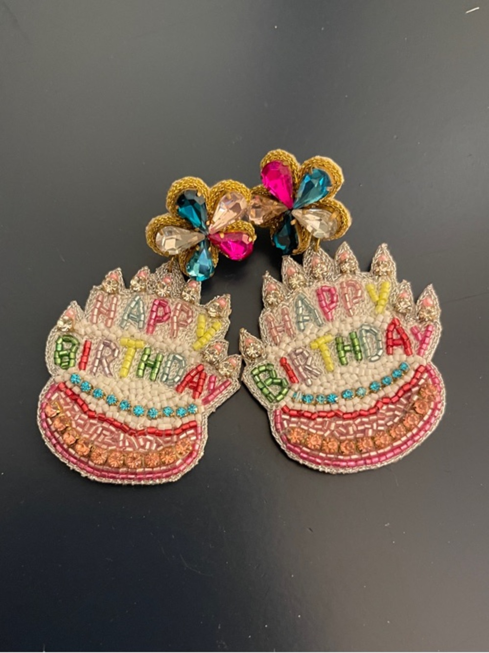 Colorful Beaded "Happy Birthday" Cake Earrings